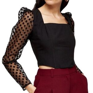 Topshop Black Polka Dot Sheer Long Sleeve Top with Sew-In Corset Boning Size 4